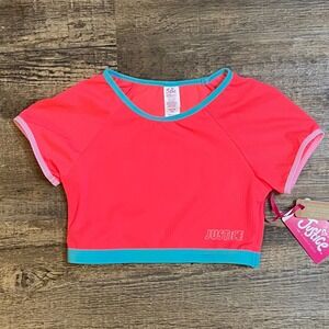 Justice Swim Top Girls Size M 10 Rash Guard Pink Crop Short Sleeves NEW W/Tags